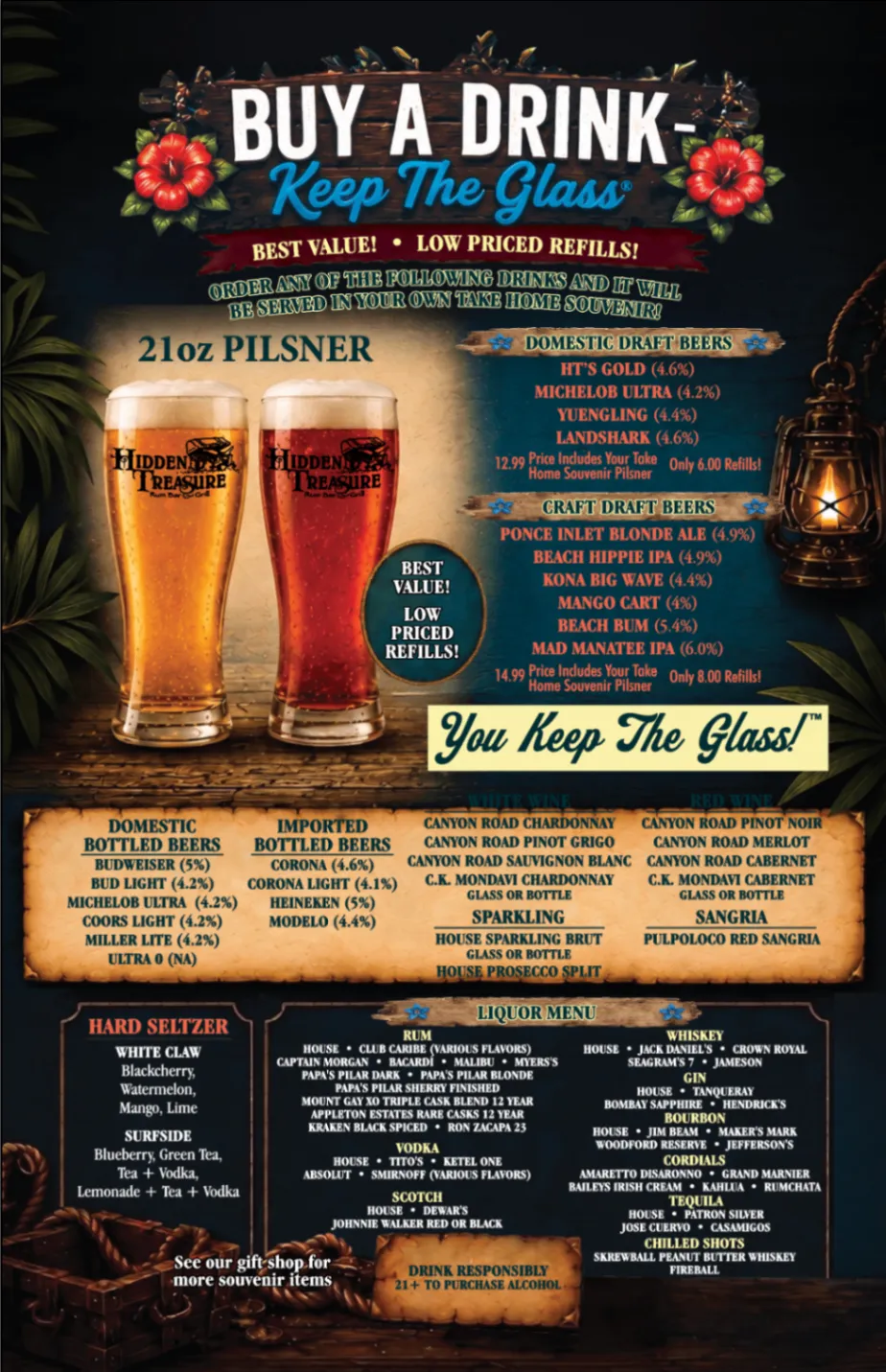 Hidden Treasure beer, wine, and liquor menu