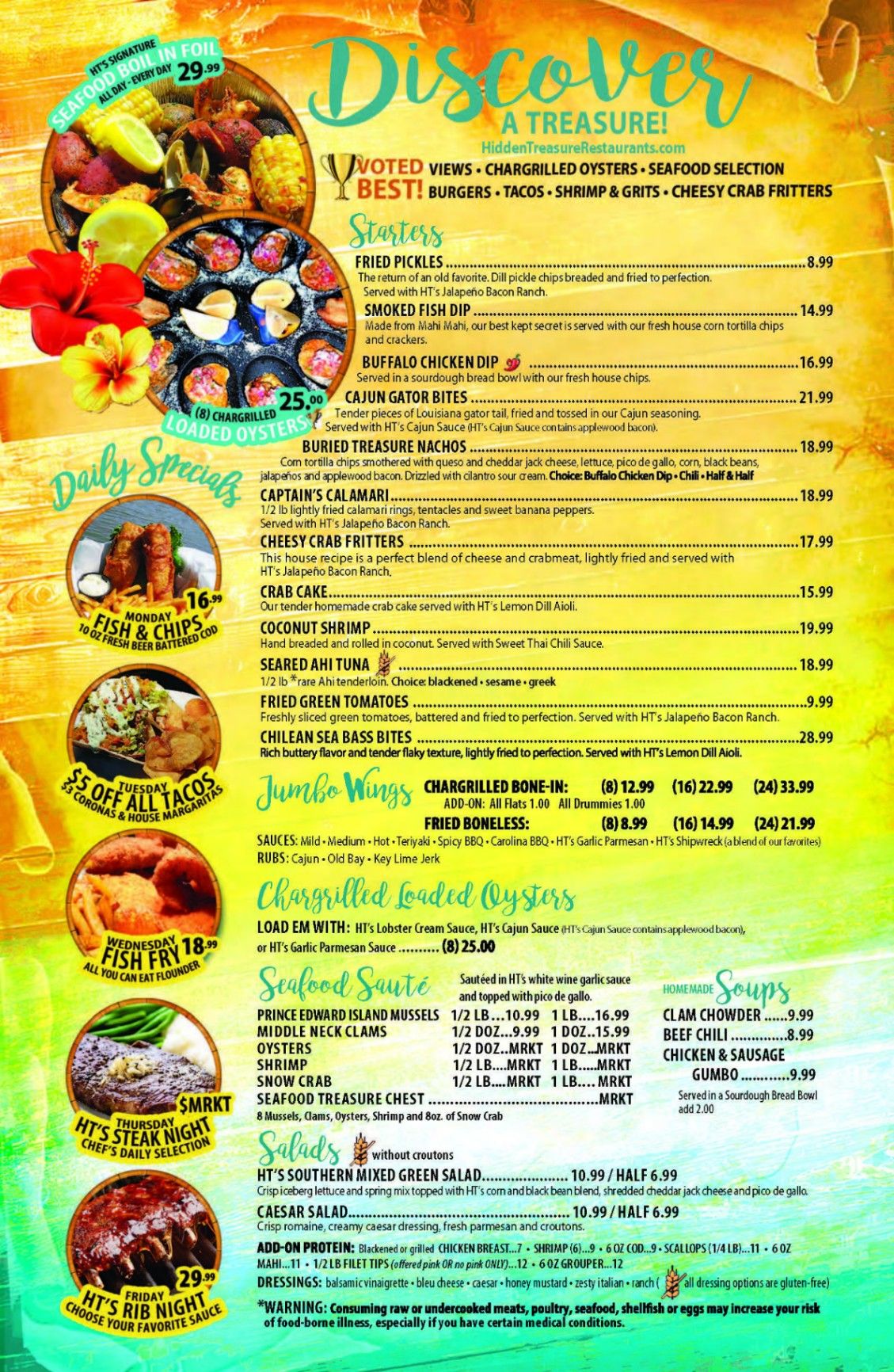 Hidden Treasure Rum Bar & Grill food menu, page 1 — starters, wings, oysters and salads