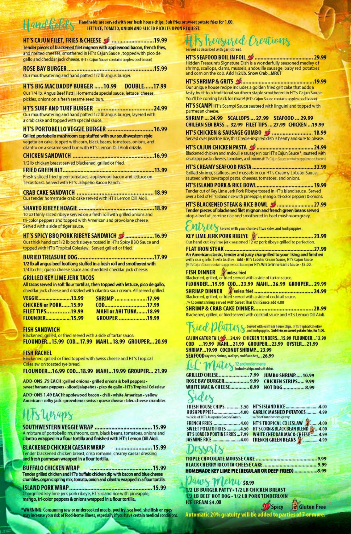 Hidden Treasure Rum Bar & Grill food menu, page 2 — handhelds, treasured creations, entrees and desserts