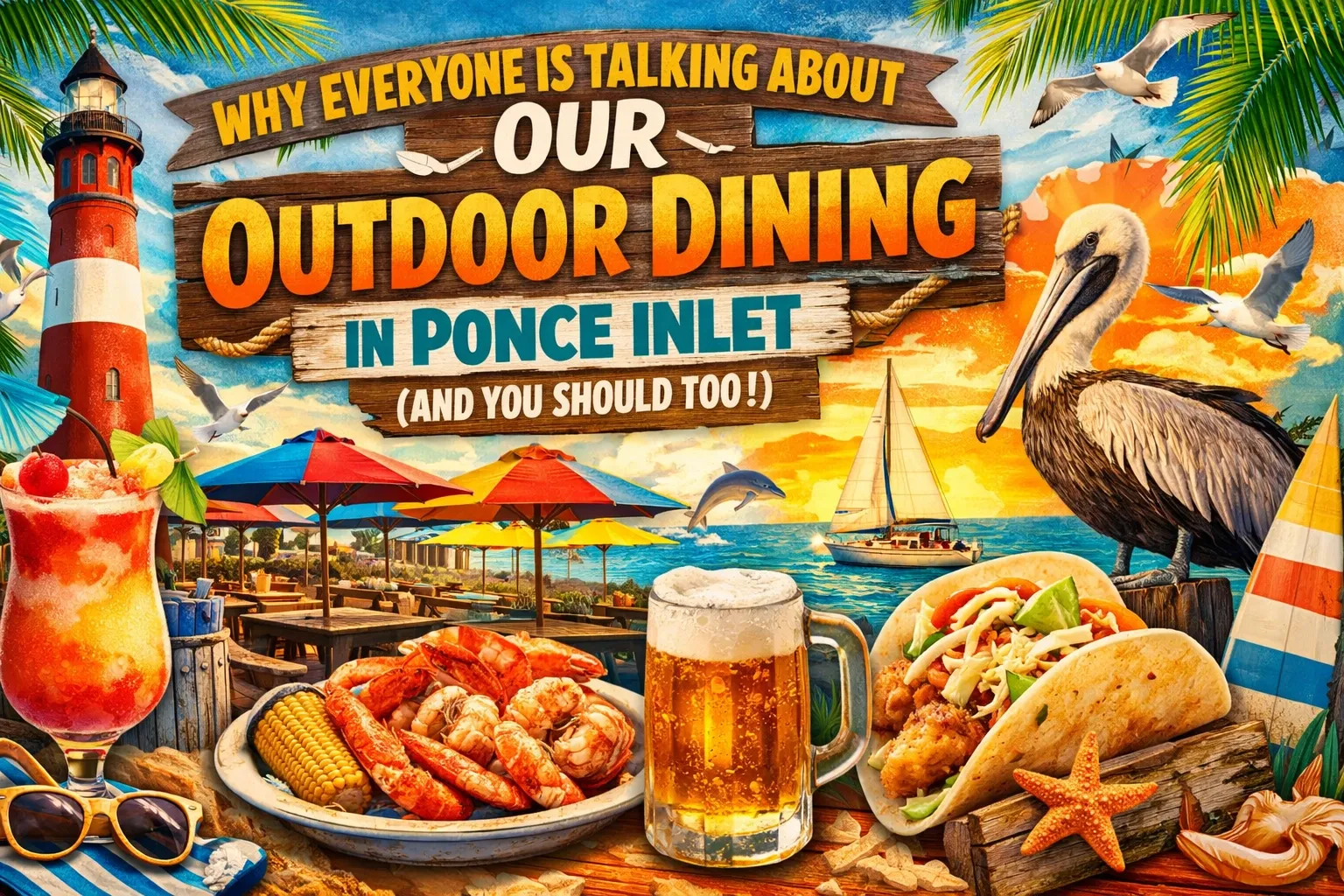 Colorful Ponce Inlet seafood scene with a lighthouse, grilled fish, shrimp, and a tropical drink
