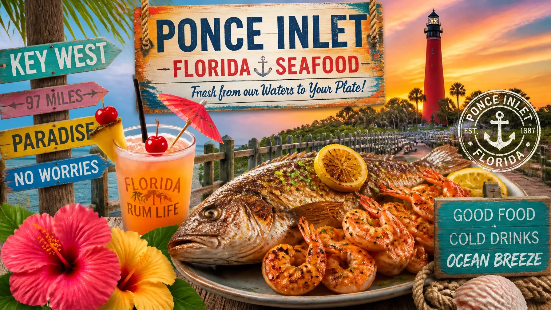 Fresh Florida seafood platter with grilled fish, shrimp, lemon, and tropical flowers