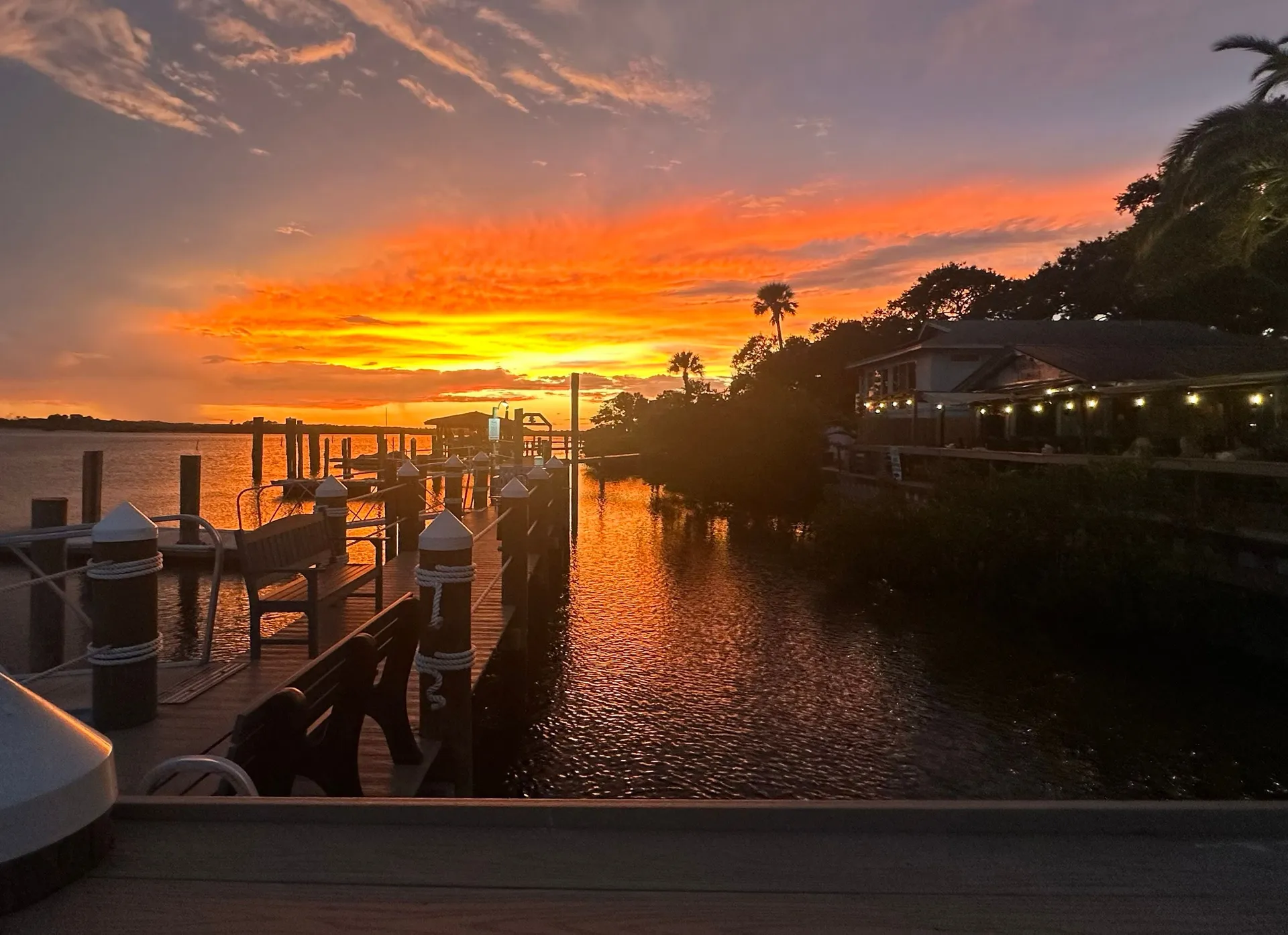 Sunset over the waterfront at Hidden Treasure in Ponce Inlet