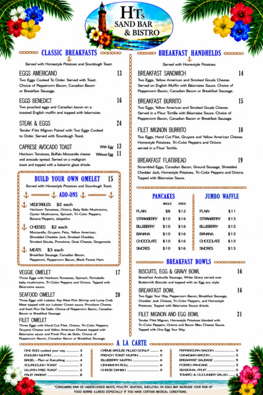 HT's Sand Bar & Bistro Breakfast & Lunch menu, page 1 — classic breakfasts, breakfast handhelds, omelets, pancakes, waffles, bowls, and à la carte selections