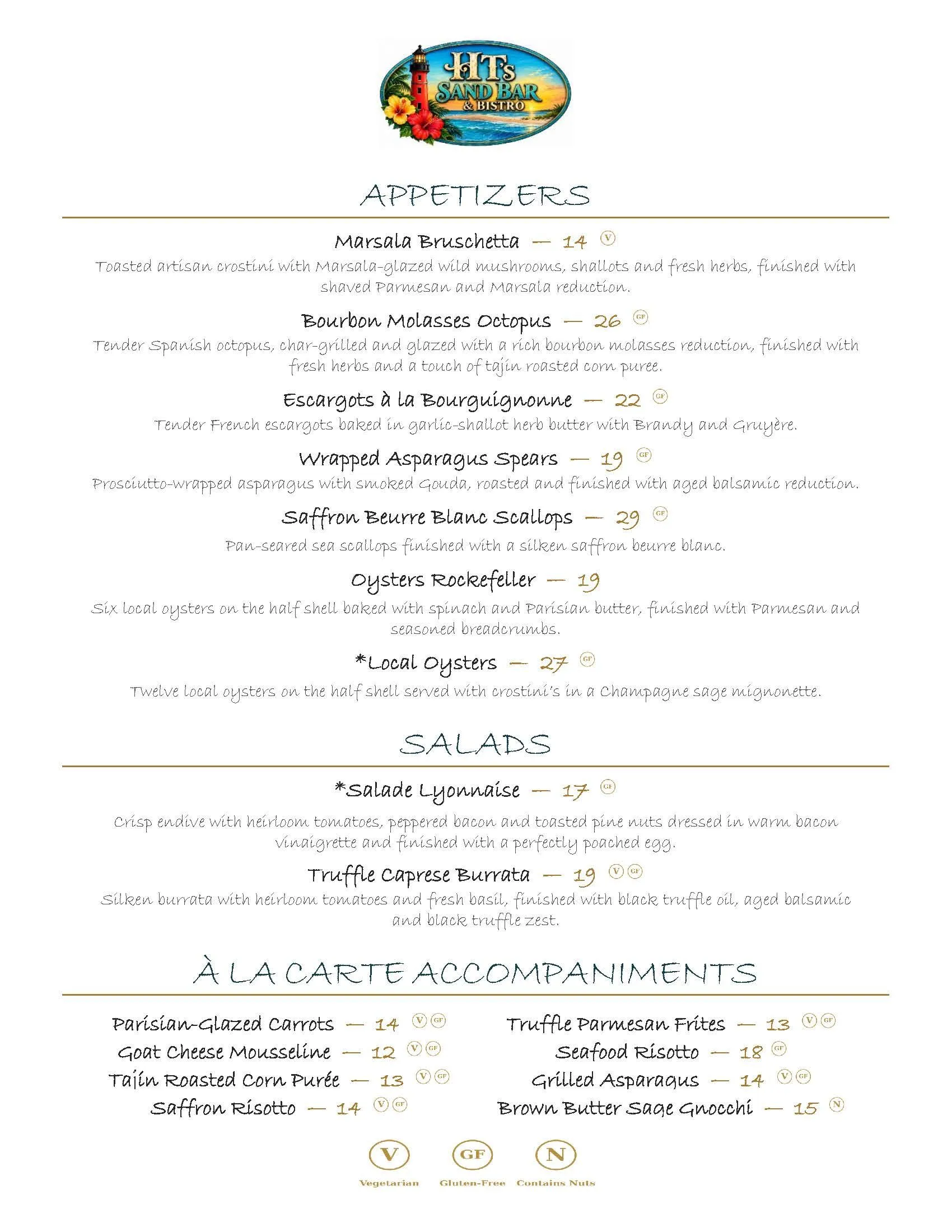 HT's Sand Bar & Bistro Dinner menu, page 1 — appetizers, salads, and à la carte accompaniments